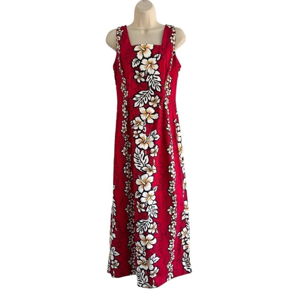 VTG Royal Creations Red Hibiscus Sheath Maxi Hawaiian Dress Woman's Sz M